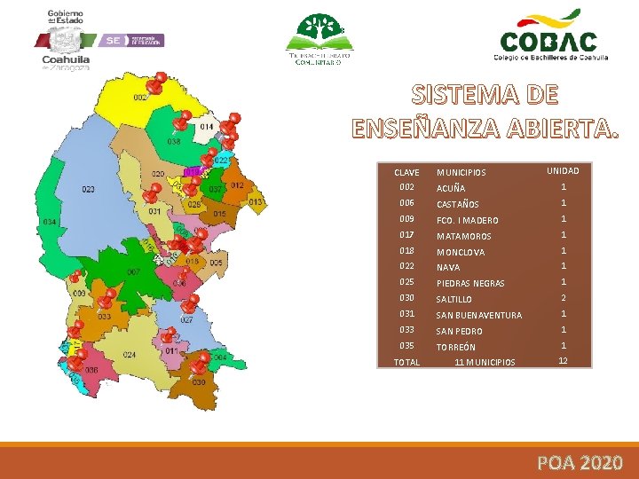 SISTEMA DE ENSEÑANZA ABIERTA. CLAVE 002 MUNICIPIOS UNIDAD ACUÑA 1 006 CASTAÑOS 1 009