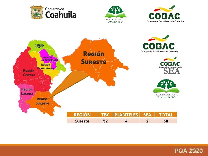 REGIÓN Sureste TBC PLANTELES SEA 52 4 2 TOTAL 58 
