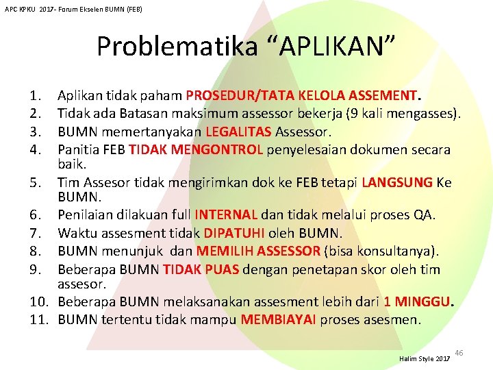 APC KPKU 2017 - Forum Ekselen BUMN (FEB) Problematika “APLIKAN” 1. 2. 3. 4.