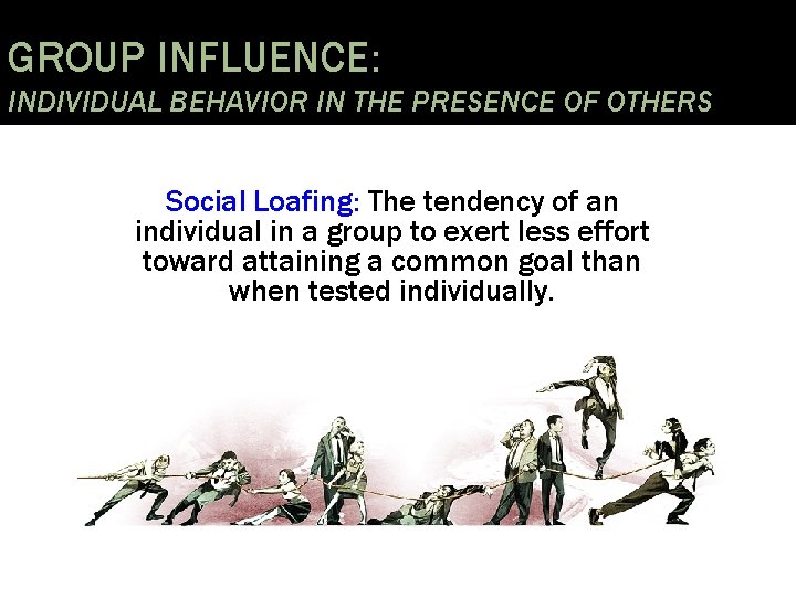 GROUP INFLUENCE: INDIVIDUAL BEHAVIOR IN THE PRESENCE OF OTHERS Social Loafing: The tendency of