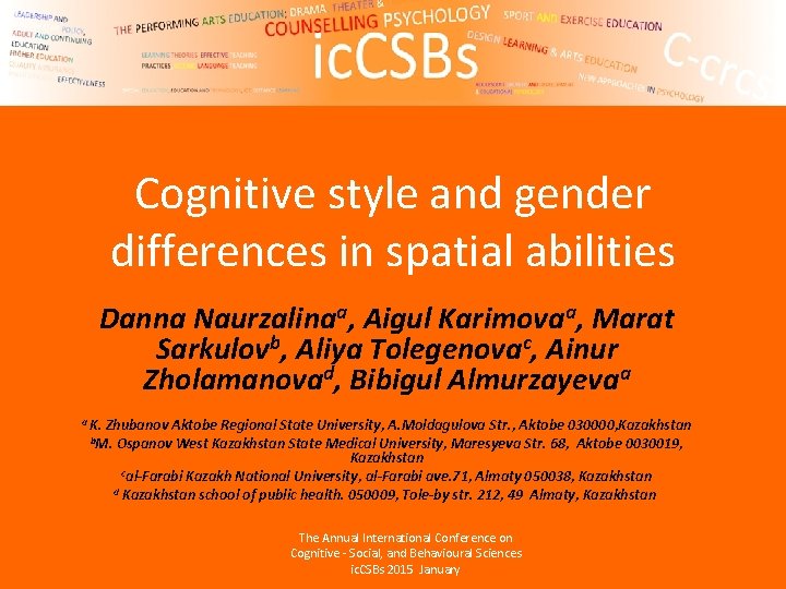 Cognitive style and gender differences in spatial abilities Danna Naurzalinaa, Aigul Karimovaa, Marat Sarkulovb,