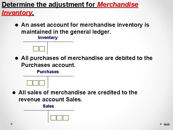 Determine the adjustment for Merchandise Inventory. l An asset account for merchandise inventory is