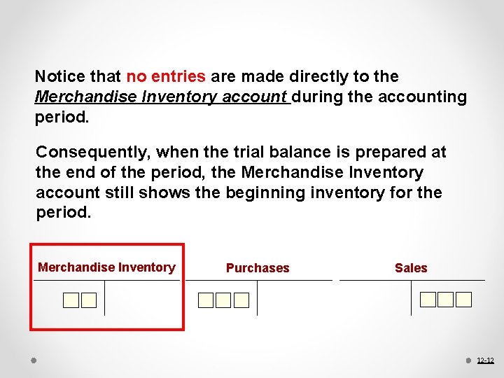 Notice that no entries are made directly to the Merchandise Inventory account during the