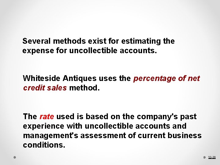 Several methods exist for estimating the expense for uncollectible accounts. Whiteside Antiques uses the