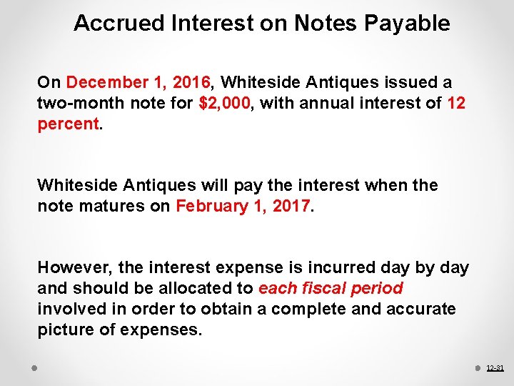 Accrued Interest on Notes Payable On December 1, 2016, Whiteside Antiques issued a two-month