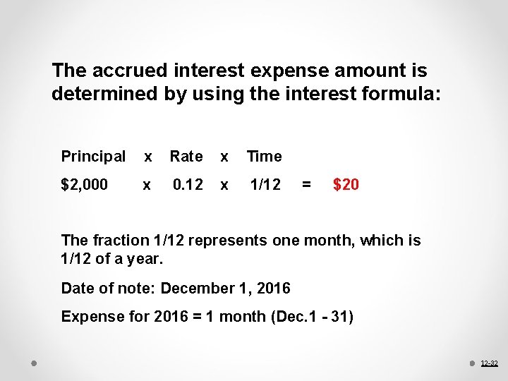 The accrued interest expense amount is determined by using the interest formula: Principal x