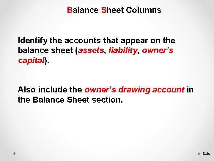 Balance Sheet Columns Identify the accounts that appear on the balance sheet (assets, assets