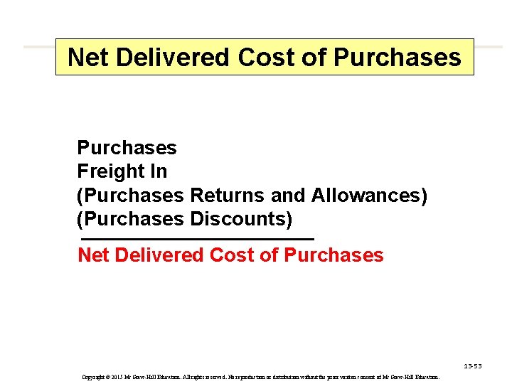 Net Delivered Cost of Purchases Freight In (Purchases Returns and Allowances) (Purchases Discounts) Net