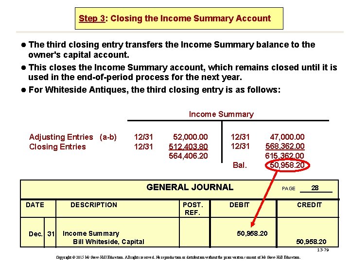 Step 3: 3 Closing the Income Summary Account The third closing entry transfers the