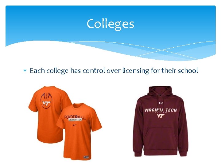 Colleges Each college has control over licensing for their school 