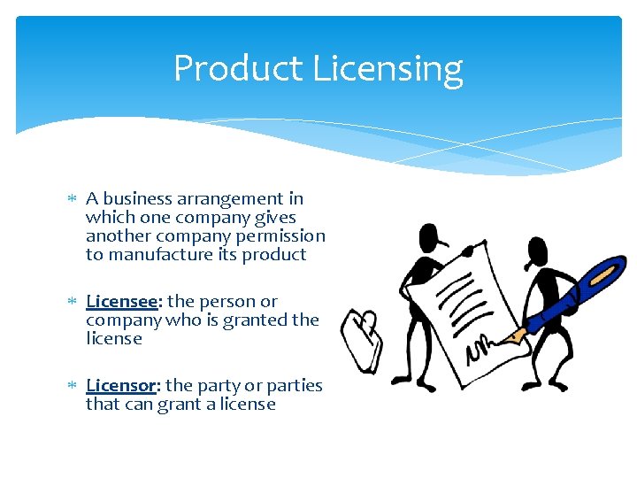 Product Licensing A business arrangement in which one company gives another company permission to