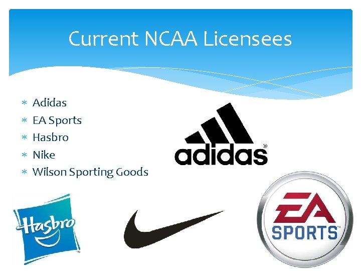 Current NCAA Licensees Adidas EA Sports Hasbro Nike Wilson Sporting Goods 