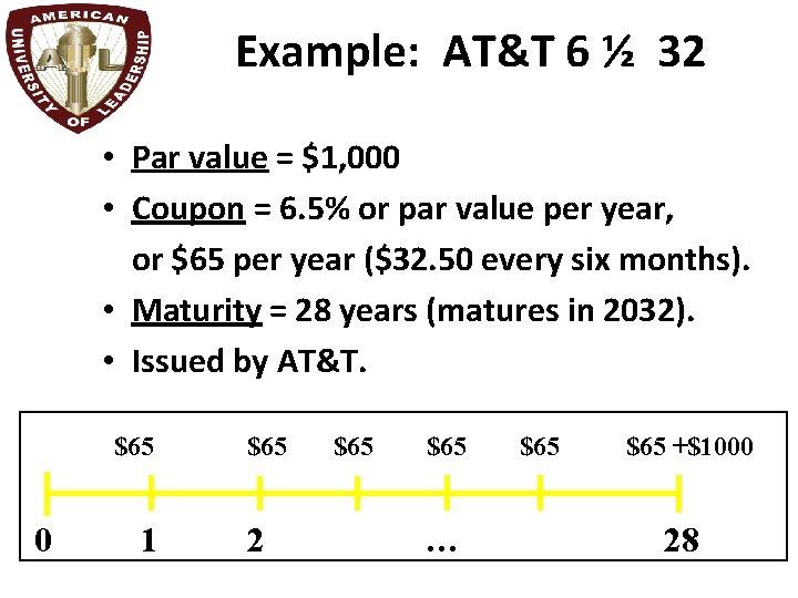 Example: AT&T 6 ½ 32 • Par value = $1, 000 • Coupon =