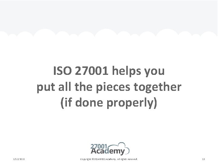ISO 27001 helps you put all the pieces together (if done properly) 2/12/2022 Copyright