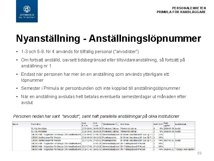 PERSONALENHETEN PRIMULA FÖR HANDLÄGGARE Nyanställning - Anställningslöpnummer • 1 -3 och 5 -9. Nr