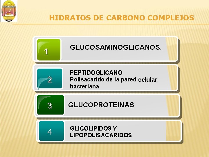 HIDRATOS DE CARBONO COMPLEJOS 1 GLUCOSAMINOGLICANOS. 2 PEPTIDOGLICANO Polisacárido de la pared celular bacteriana