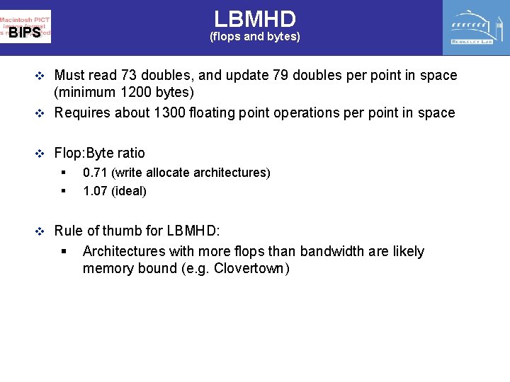 LBMHD BIPS (flops and bytes) v Must read 73 doubles, and update 79 doubles