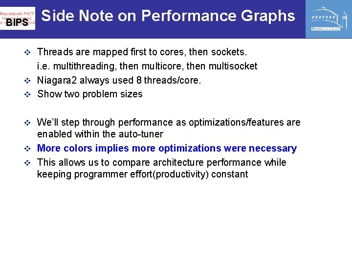 BIPS Side Note on Performance Graphs v Threads are mapped first to cores, then