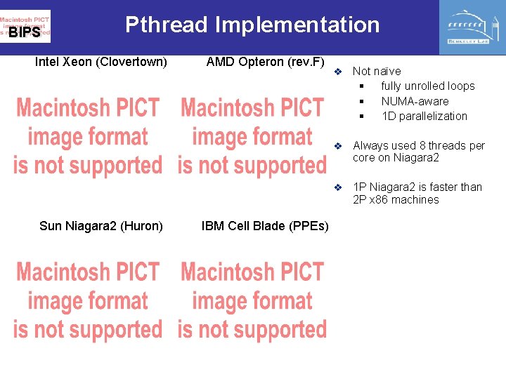 BIPS Pthread Implementation Intel Xeon (Clovertown) Sun Niagara 2 (Huron) AMD Opteron (rev. F)