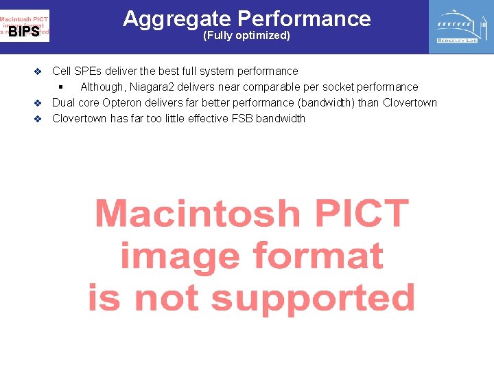 BIPS Aggregate Performance (Fully optimized) Cell SPEs deliver the best full system performance §