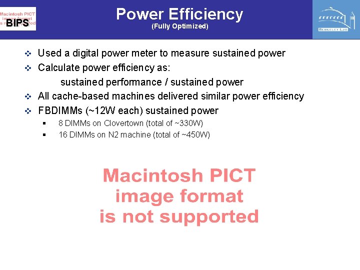 Power Efficiency BIPS (Fully Optimized) v Used a digital power meter to measure sustained