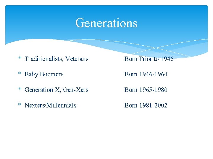 Generations * Traditionalists, Veterans Born Prior to 1946 * Baby Boomers Born 1946 -1964