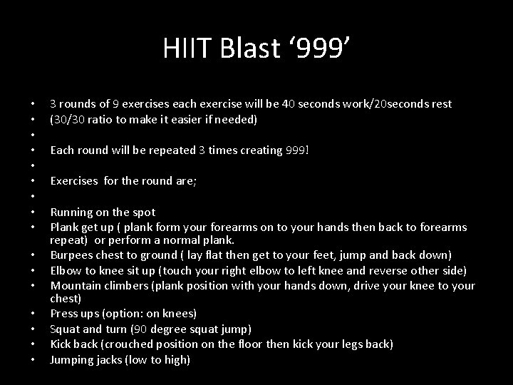 HIIT Blast ‘ 999’ • • • • 3 rounds of 9 exercises each