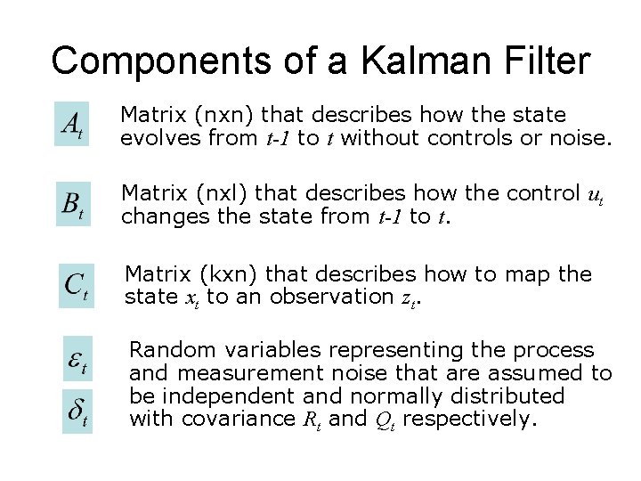 Components of a Kalman Filter Matrix (nxn) that describes how the state evolves from