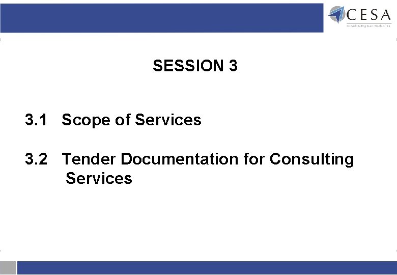 SESSION 3 3. 1 Scope of Services 3. 2 Tender Documentation for Consulting Services SESSION 3 3. 1 Scope of Services 3. 2 Tender Documentation for Consulting Services