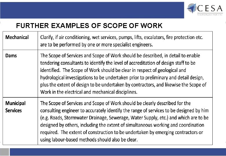 FURTHER EXAMPLES OF SCOPE OF WORK FURTHER EXAMPLES OF SCOPE OF WORK