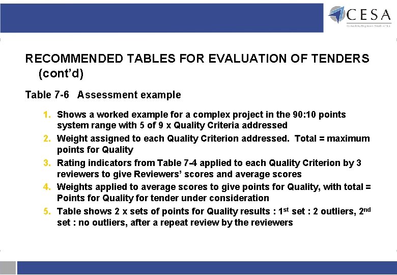 RECOMMENDED TABLES FOR EVALUATION OF TENDERS (cont’d) Table 7 -6 Assessment example 1. Shows RECOMMENDED TABLES FOR EVALUATION OF TENDERS (cont’d) Table 7 -6 Assessment example 1. Shows