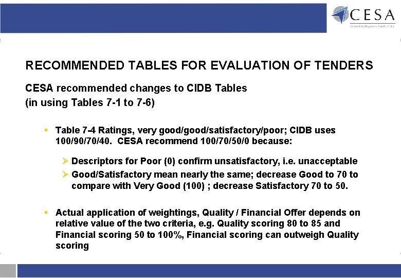 RECOMMENDED TABLES FOR EVALUATION OF TENDERS CESA recommended changes to CIDB Tables (in using RECOMMENDED TABLES FOR EVALUATION OF TENDERS CESA recommended changes to CIDB Tables (in using