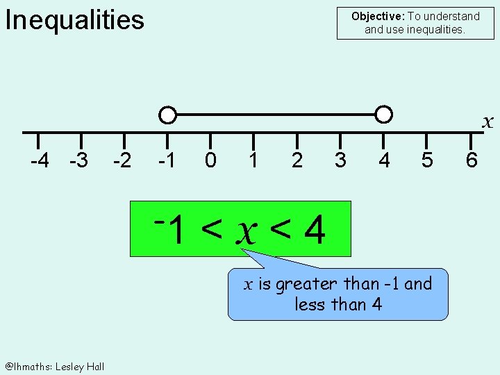 Inequalities Objective: To understand use inequalities. x -4 -3 -2 -1 0 1 2