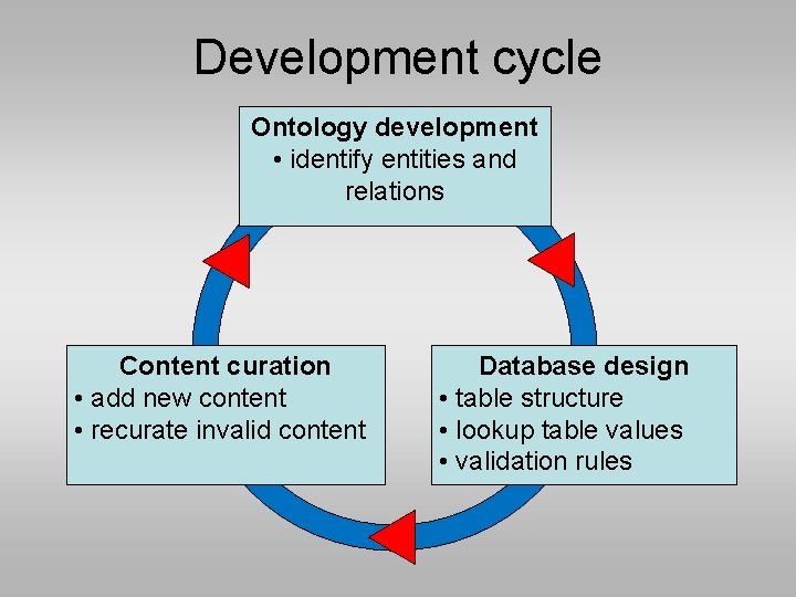 Development cycle Ontology development • identify entities and relations Content curation • add new