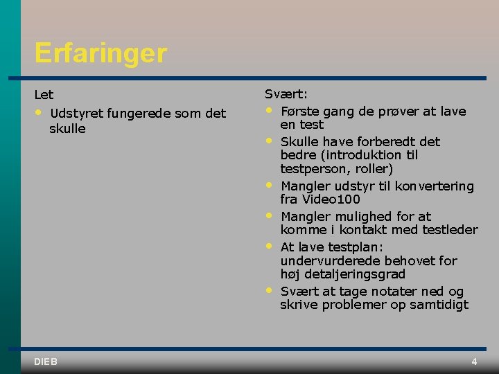 Erfaringer Let • Udstyret fungerede som det skulle DIEB Svært: • Første gang de