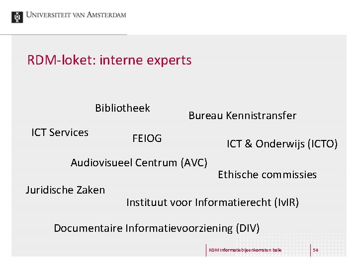 RDM-loket: interne experts Bibliotheek ICT Services Bureau Kennistransfer FEIOG Audiovisueel Centrum (AVC) Juridische Zaken