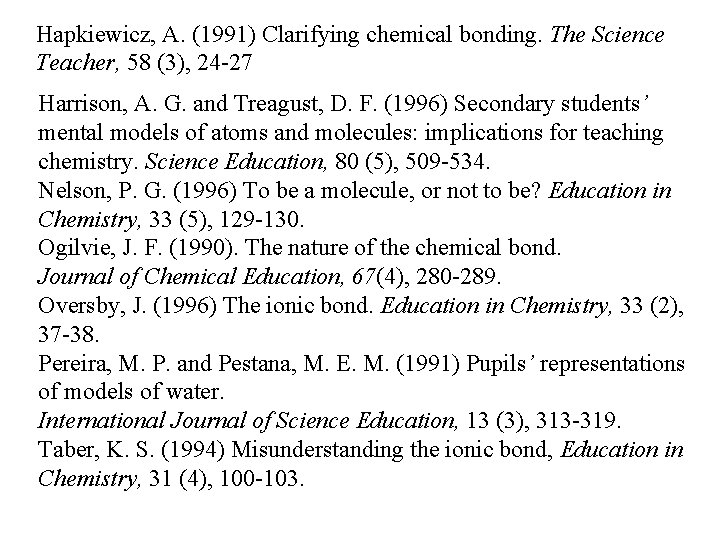 Hapkiewicz, A. (1991) Clarifying chemical bonding. The Science Teacher, 58 (3), 24 -27 Harrison,