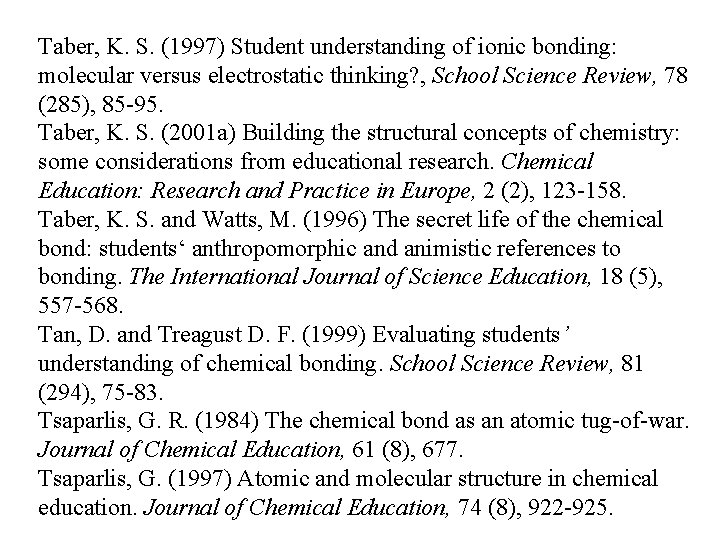 Taber, K. S. (1997) Student understanding of ionic bonding: molecular versus electrostatic thinking? ,