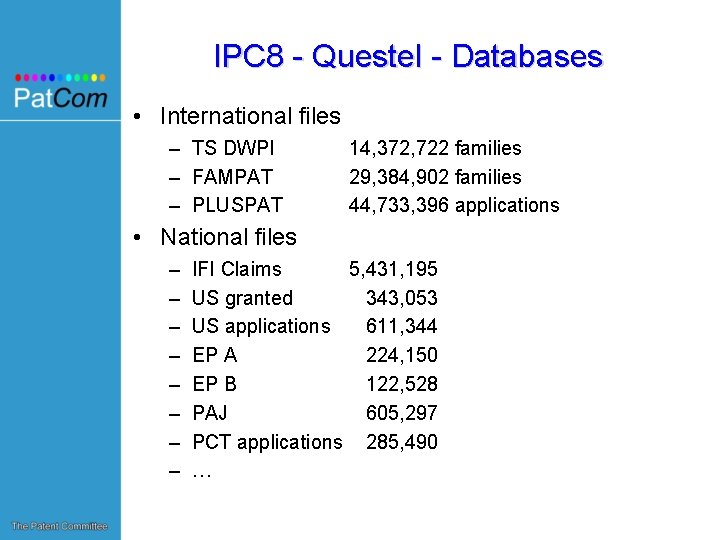 IPC 8 - Questel - Databases • International files – TS DWPI – FAMPAT