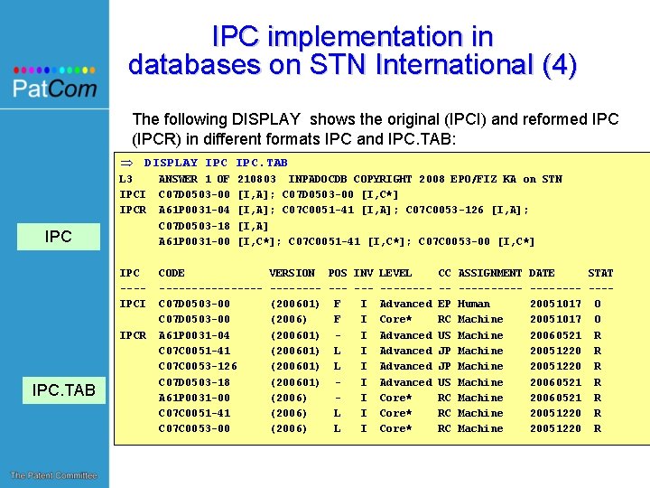 IPC implementation in databases on STN International (4) The following DISPLAY shows the original