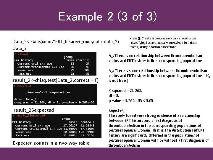 Example 2 (3 of 3) Data_2<-xtabs(count~ERT_history+group, data=data_2) Data_2 xtabs(): Create a contingency table from
