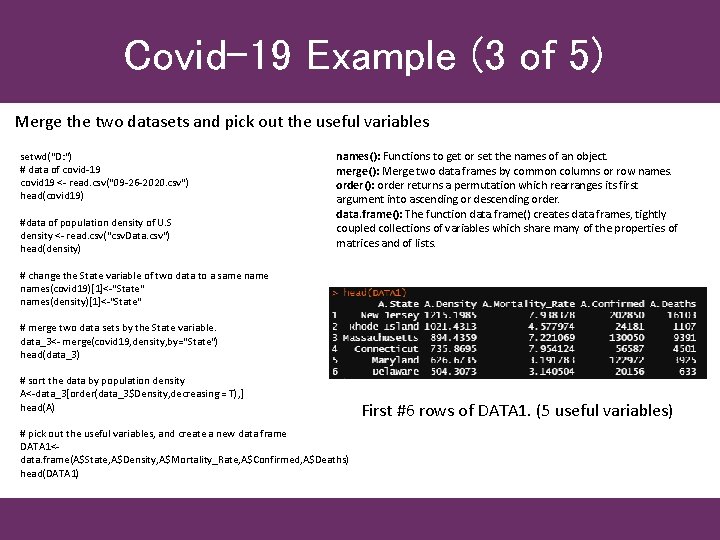 Covid-19 Example (3 of 5) Merge the two datasets and pick out the useful