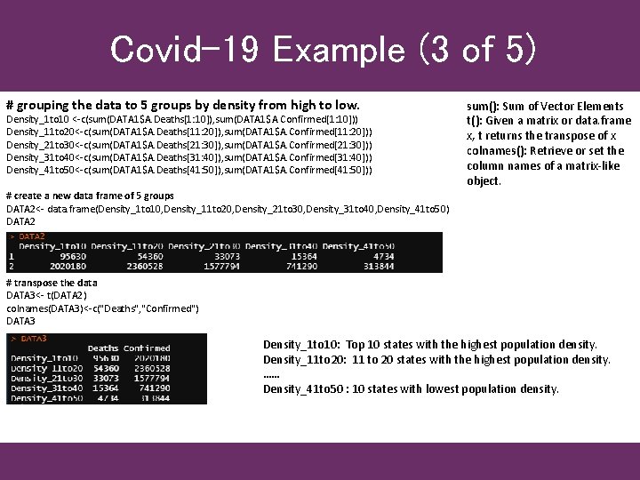 Covid-19 Example (3 of 5) # grouping the data to 5 groups by density