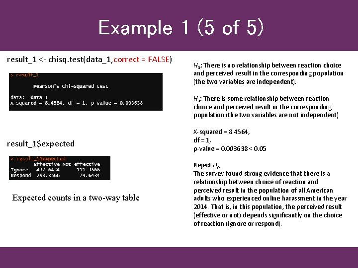Example 1 (5 of 5) result_1 <- chisq. test(data_1, correct = FALSE) H 0: