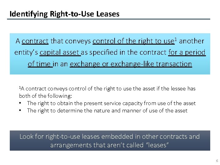 Identifying Right-to-Use Leases A contract that conveys control of the right to use 1