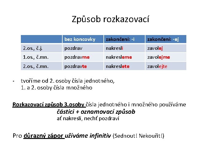 Způsob rozkazovací - bez koncovky zakončení: -i zakončení: -ej 2. os. , č. j.