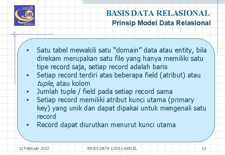 BASIS DATA RELASIONAL Prinsip Model Data Relasional • • • Satu tabel mewakili satu