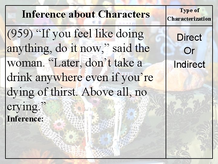 Inference about Characters (959) “If you feel like doing anything, do it now, ”