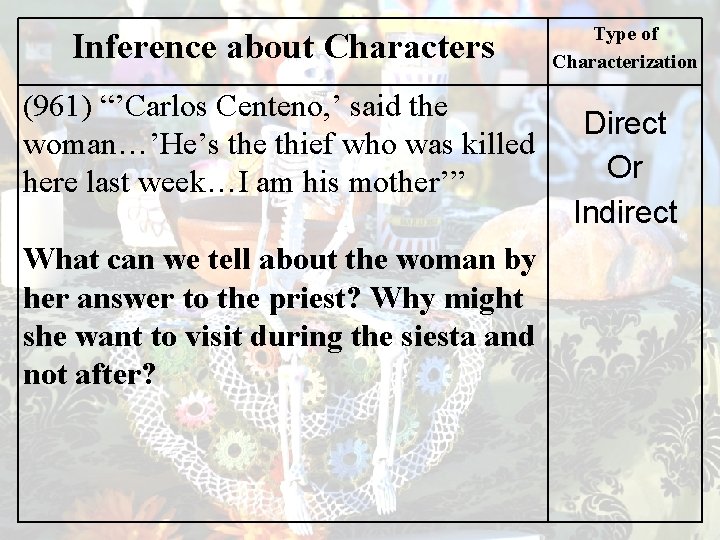 Inference about Characters (961) “’Carlos Centeno, ’ said the woman…’He’s the thief who was