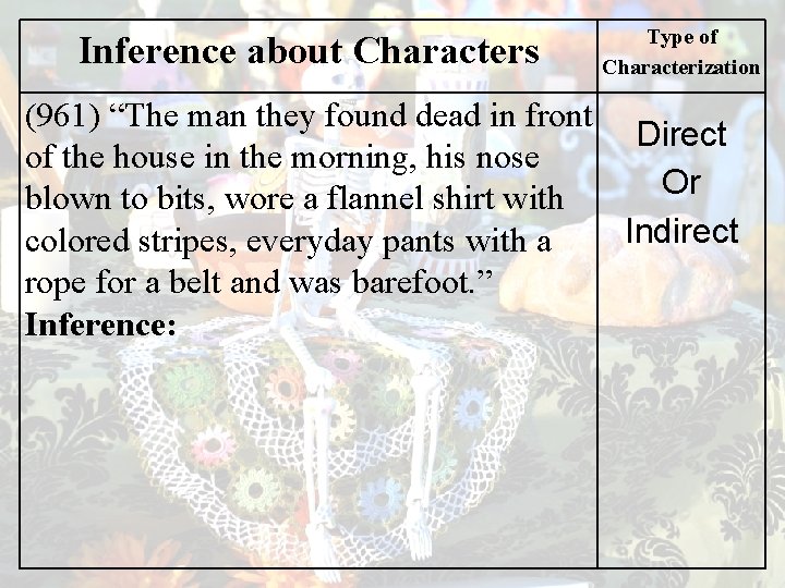 Inference about Characters Type of Characterization (961) “The man they found dead in front